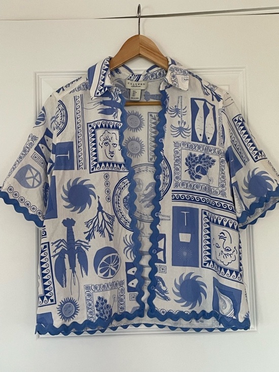 Calypso St. Barth Tops - Calypso St. Barth Blue and White Mediterranean Resort Shirt, Small